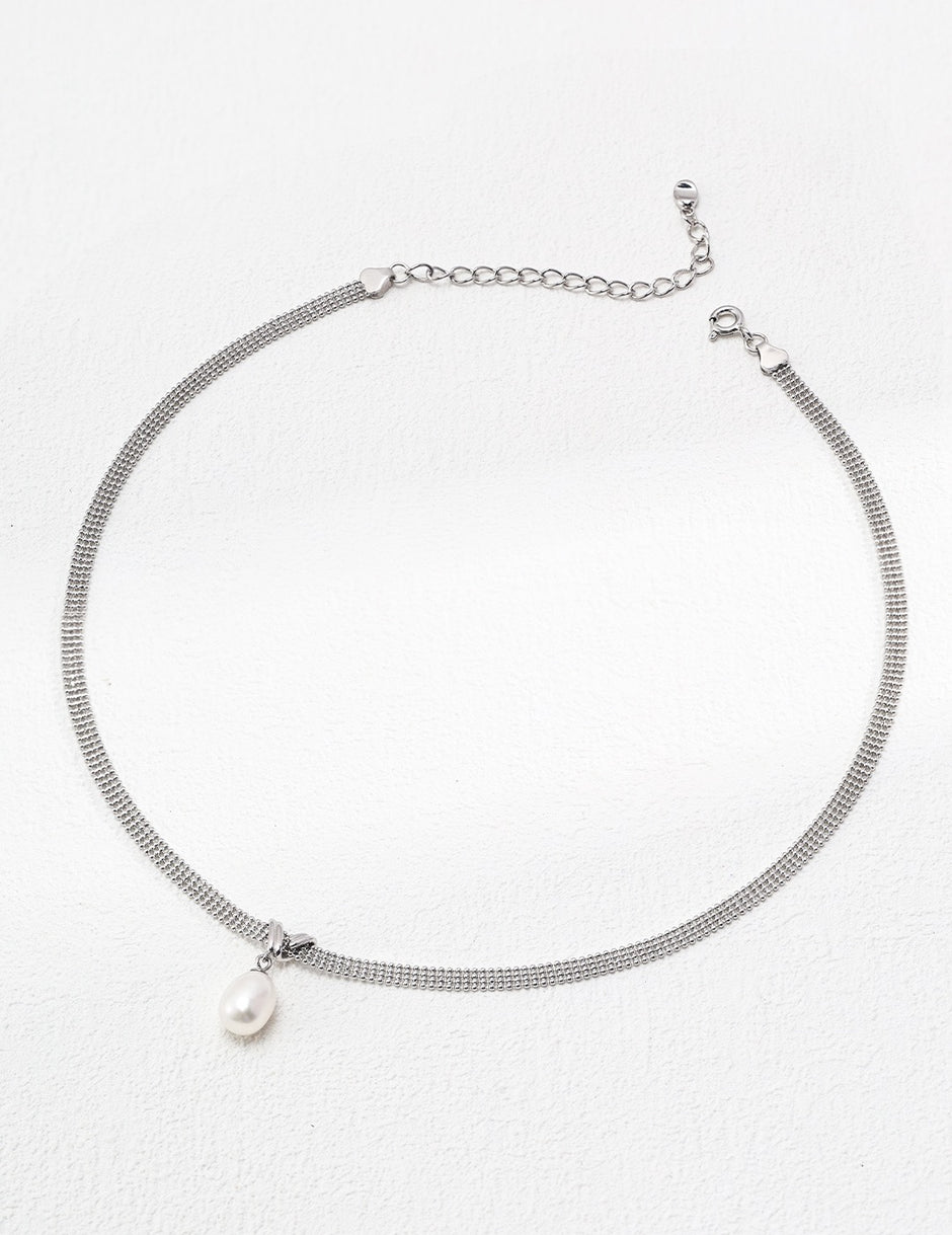 Sterling silver pearl necklace - Sterling silver necklace (length adjustable) image