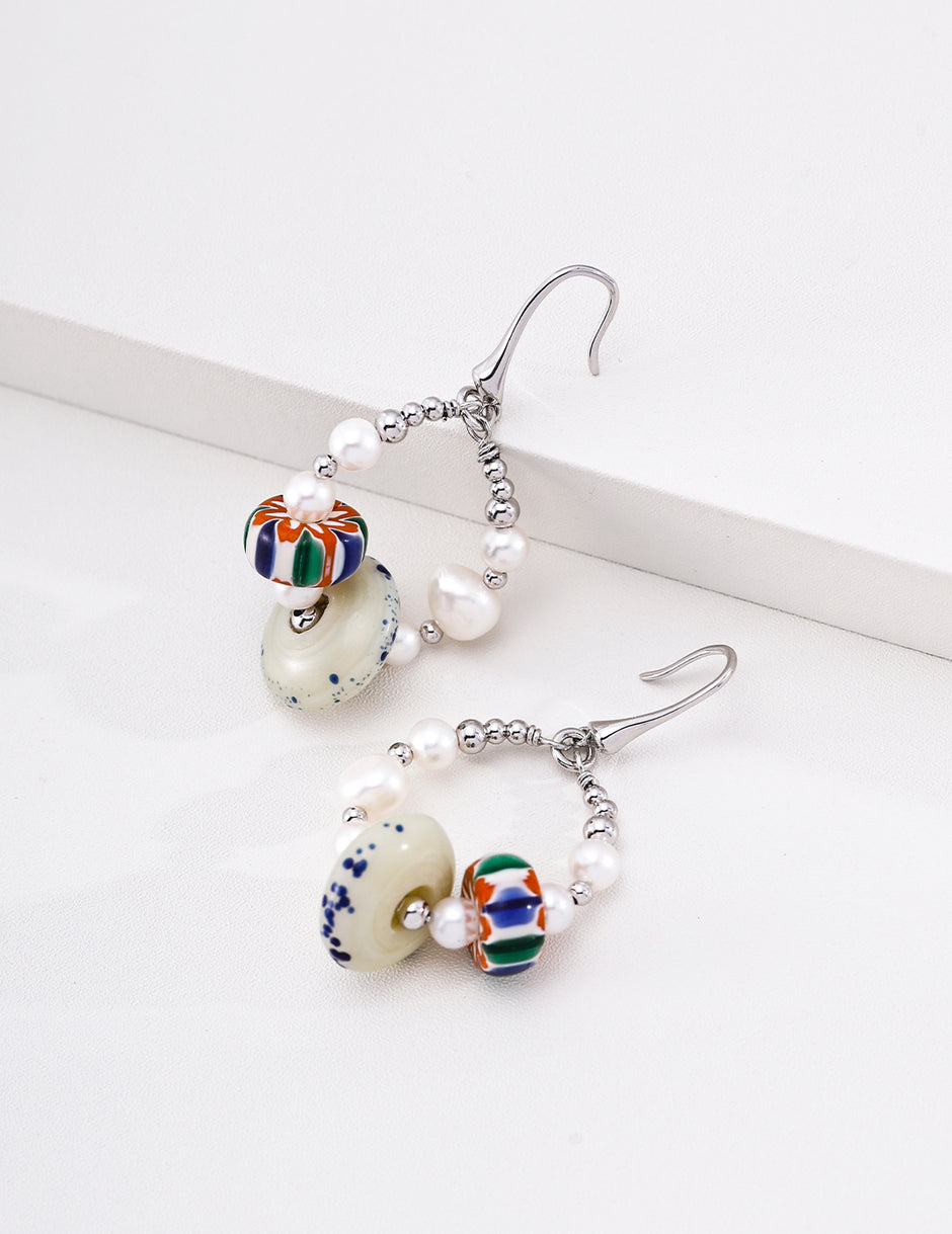 Handmade Pearl & Nepalese Glass Bead Earrings – Himalayan Artisan Dangle Earrings for Women