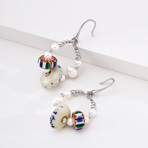 Handmade Pearl & Nepalese Glass Bead Earrings – Himalayan Artisan Dangle Earrings for Women
