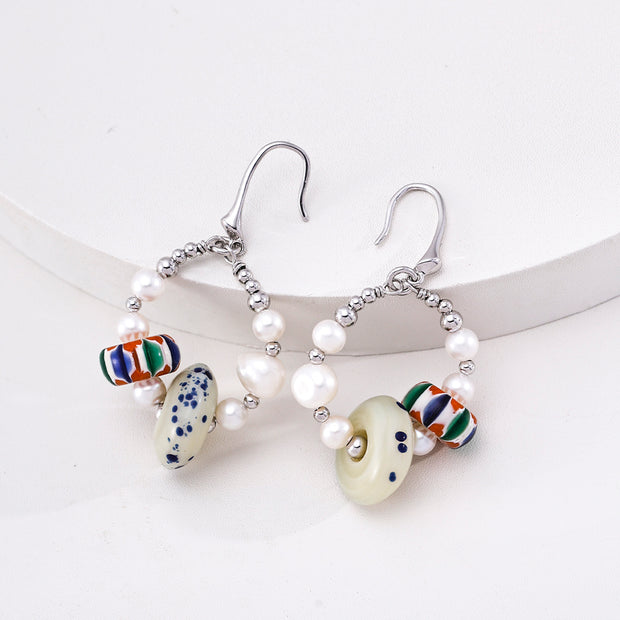 Handmade Pearl & Nepalese Glass Bead Earrings – Himalayan Artisan Dangle Earrings for Women