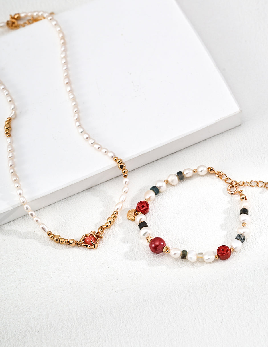 S925 silver cinnabar aquatic agate natural pearl bracelet image 2