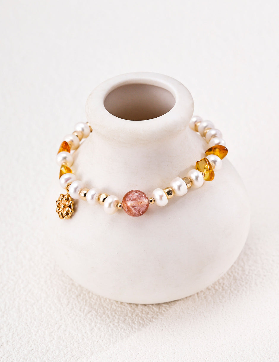925 Sterling Silver Pearl & Natural Crystal Bracelet for Women – Elegant Handmade Beaded Jewelry