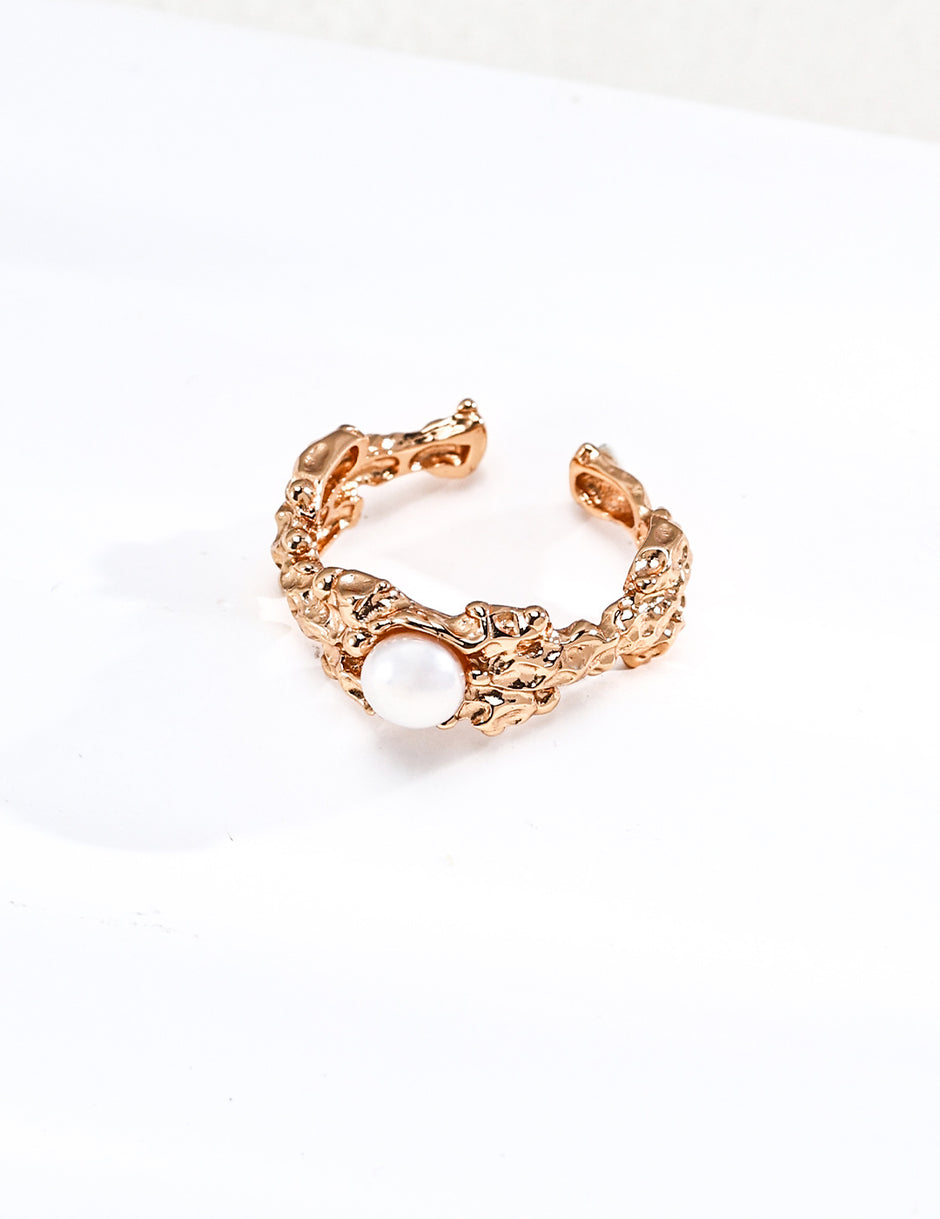 Vintage S925 Silver Gold Plated Hand-Carved Molten Lava Ring with Real Pearl