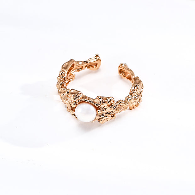 Vintage S925 Silver Gold Plated Hand-Carved Molten Lava Ring with Real Pearl