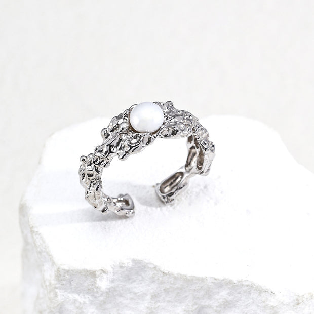Vintage S925 Silver Gold Plated Hand-Carved Molten Lava Ring with Real Pearl