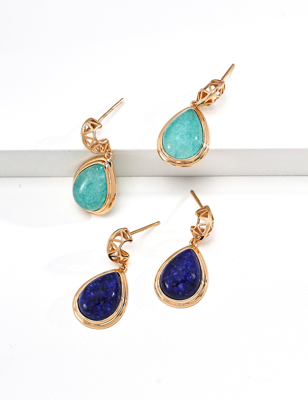 Vintage S925 Silver Gold Plated Lapis Lazuli Amazonite Moon Earrings for Women