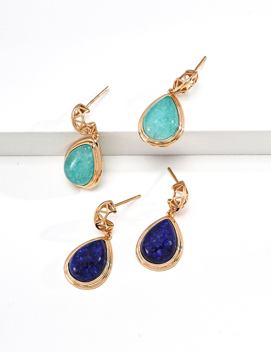 Vintage S925 Silver Gold Plated Lapis Lazuli Amazonite Moon Earrings for Women
