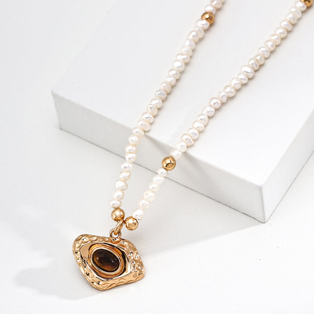 MISSA Baroque Pearl Choker Necklace with Hammered Tiger's Eye Pendant