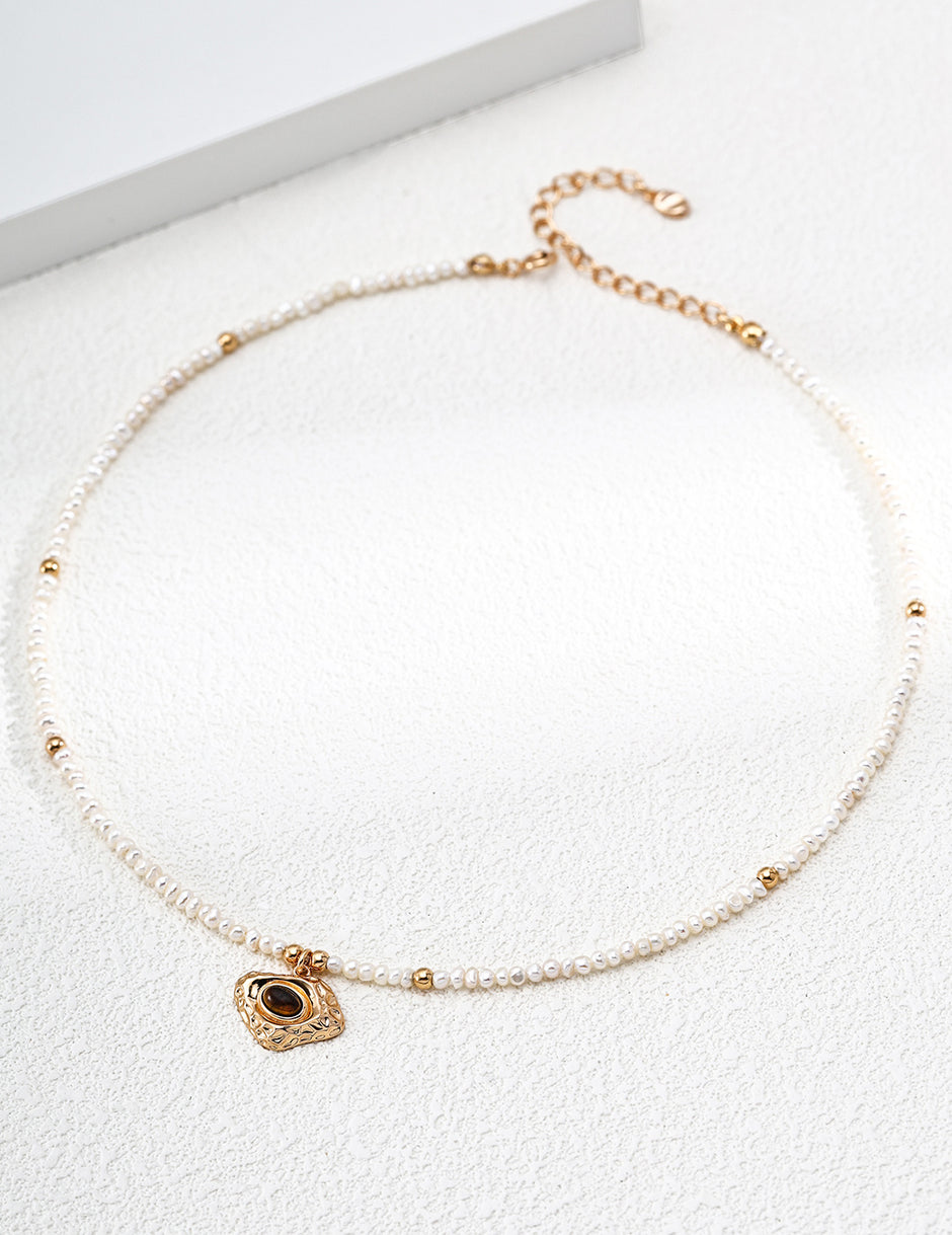MISSA Baroque Pearl Choker Necklace with Hammered Tiger's Eye Pendant