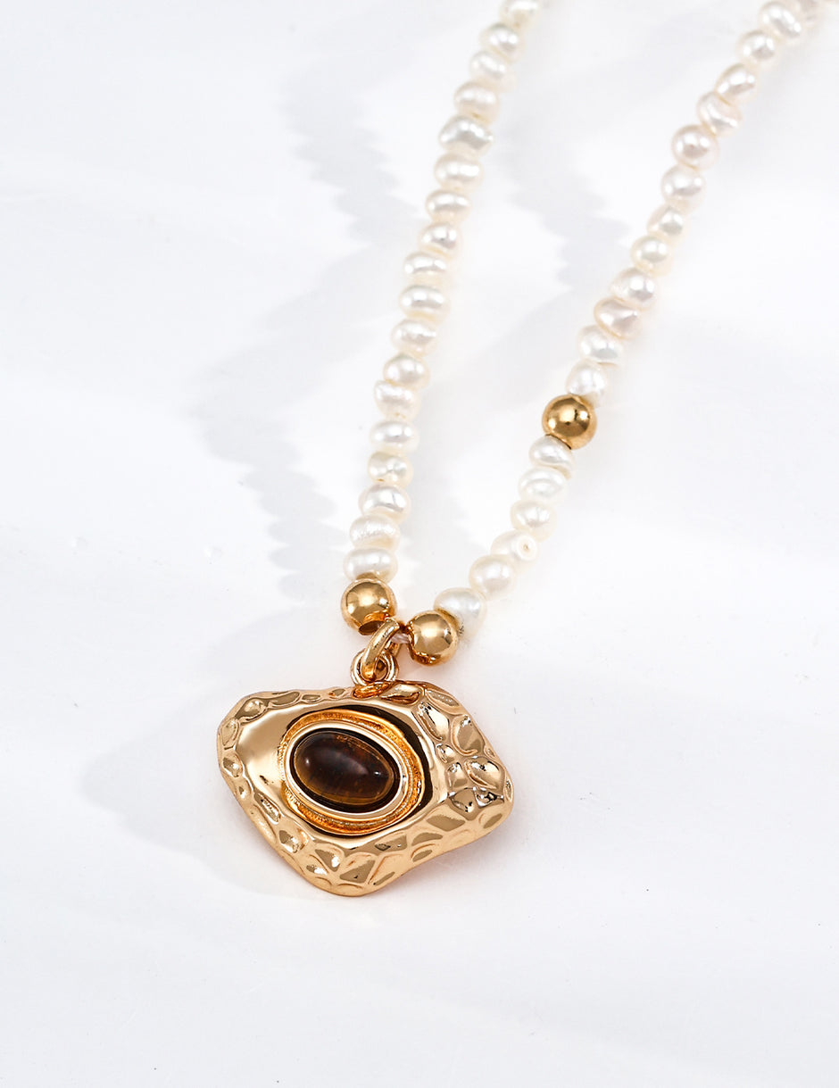 MISSA Baroque Pearl Choker Necklace with Hammered Tiger's Eye Pendant