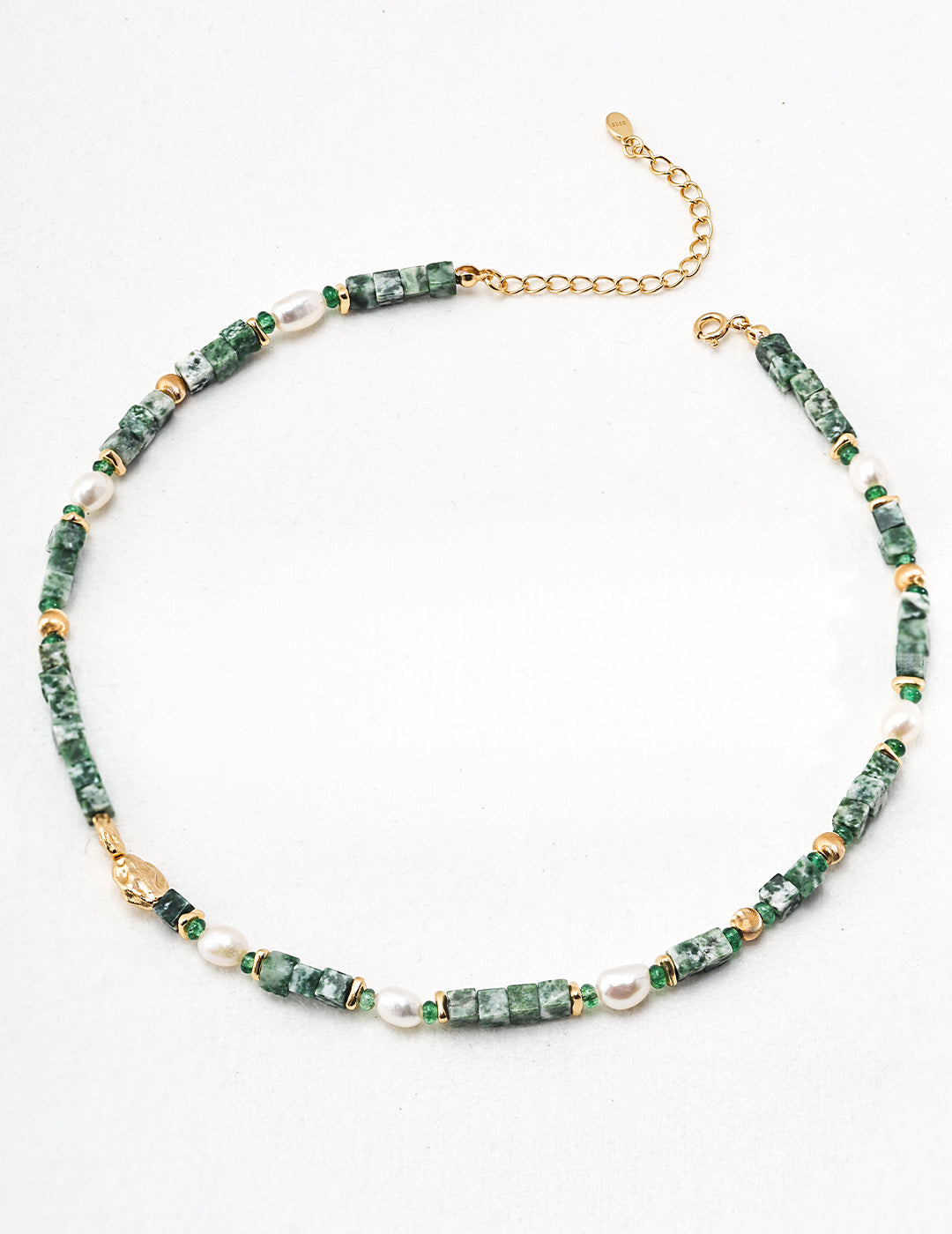 Sterling Silver Pearl & Green Gemstone Necklace for Women – Handmade Beaded Statement Jewelry