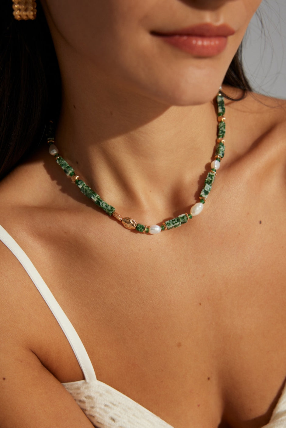Sterling Silver Pearl & Green Gemstone Necklace for Women – Handmade Beaded Statement Jewelry