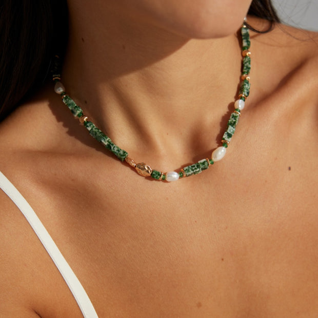 Sterling Silver Pearl & Green Gemstone Necklace for Women – Handmade Beaded Statement Jewelry