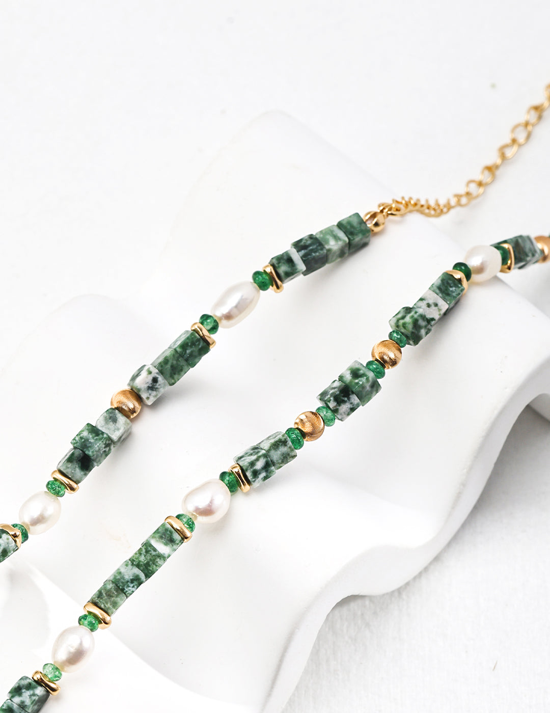 Sterling Silver Pearl & Green Gemstone Necklace for Women – Handmade Beaded Statement Jewelry
