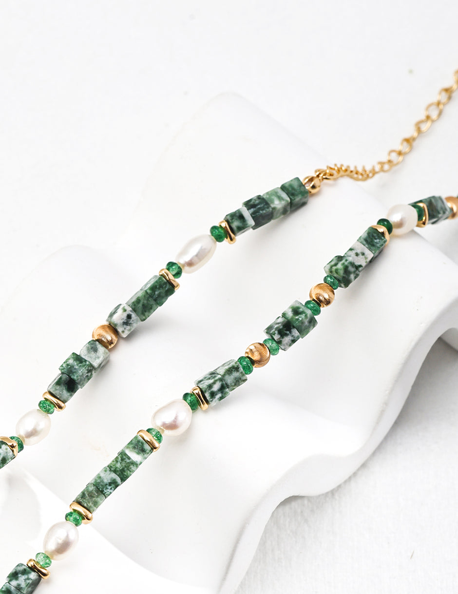 Sterling Silver Pearl & Green Gemstone Necklace for Women – Handmade Beaded Statement Jewelry